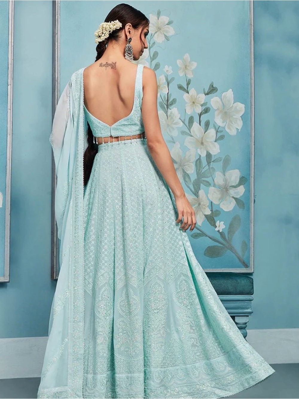Sea Green Thread Embroidered Lehenga - Picture 3 of 4